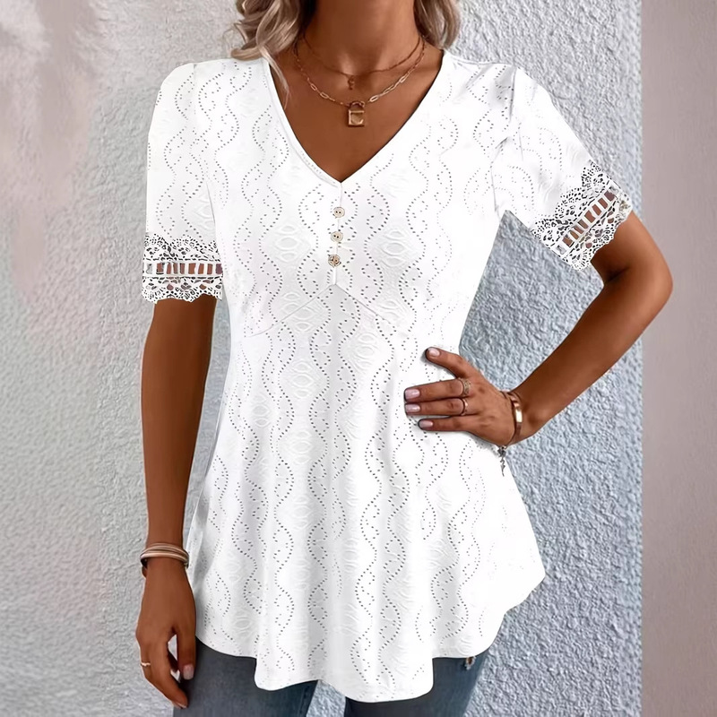2026 Summer New Cross-Border European and American Women's Fashion V-Neck Jacquard Hollow Lace Waist-Cinching Stylish Short-Sleeve Top T-Shirt