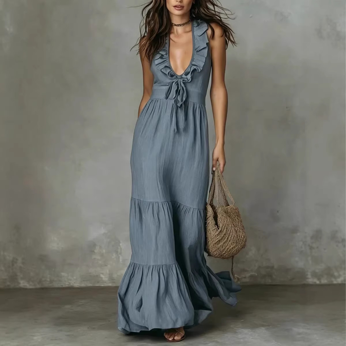 Breathable Linen-Blend V-Neck Maxi Dress, Sleeveless A-Line Shift Dress For Casual & Occasional Wear_ecoleips.com