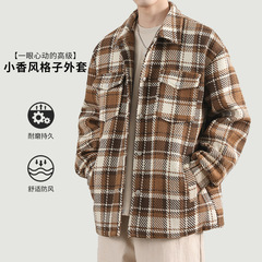 登捷男装工装衬衫男士加厚夹克小香风格子外套秋季休闲宽松上衣服