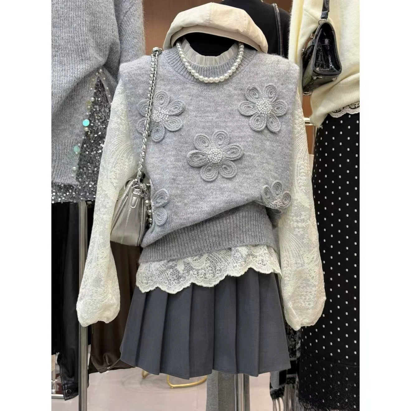 2024 осень-зима новый трикотажный набор жилет плюс рубашка светло-серый другой спандекс