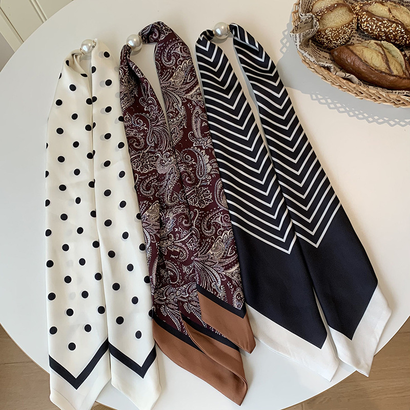 Pañuelo de seda, tira larga, sensación de alta calidad, estilo coreano, bufanda decorativa de lunares de doble capa, costura personalizada, bufanda de seda para mujer al por mayor