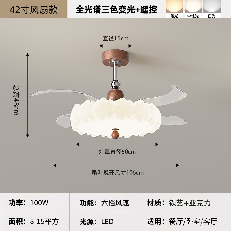 奶油中古风隐形风扇灯房间南瓜卧室吸顶灯餐厅客厅电扇一体吊扇灯|undefined