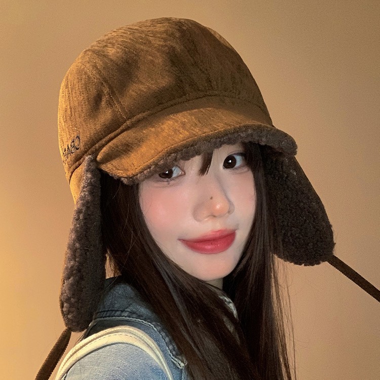 日系甜美百搭灯芯绒雷锋帽秋冬户外出行护耳帽防风复古保暖帽子女|undefined