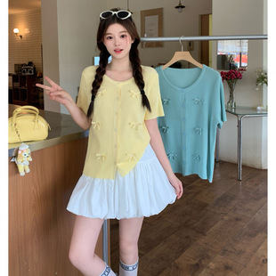 2025 Summer New Style Fat mm Large Size Women's Stereo Bow Short-Sleeved Knitted Cardigan Sweet Age-Reducing Thin Top