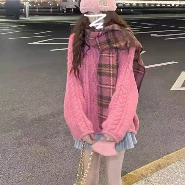 YUNSHU复古麻花圆领套头粗线毛衣女秋冬宽松软糯纯色百搭针织上衣|undefined