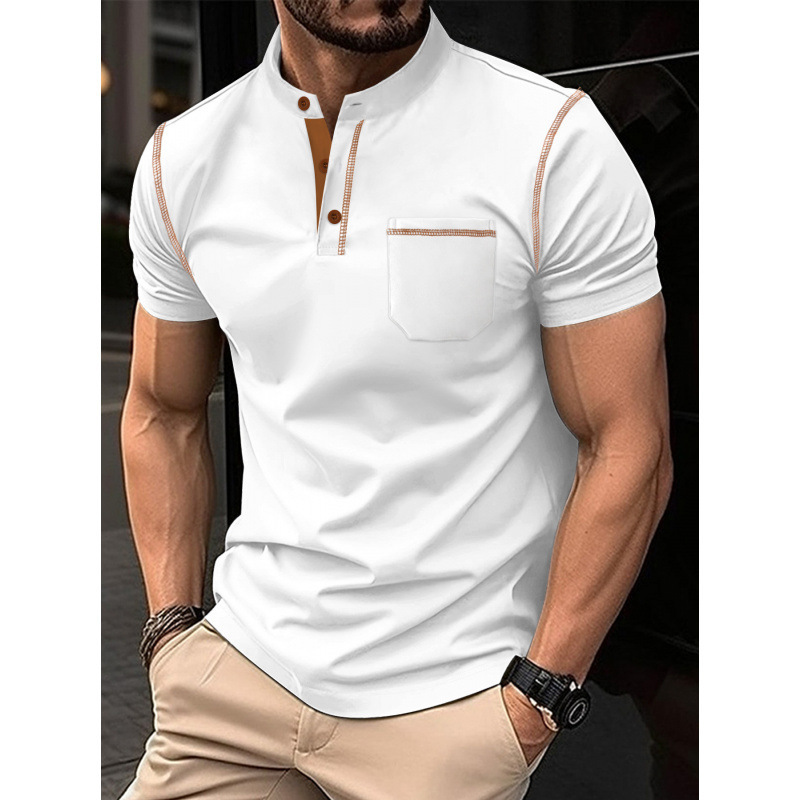 Cross-Border 2026 Summer Men's Button-Down Polo Shirt Solid Color Short-Sleeve Turn-Down Collar Striped Casual Fitted Top Men's Clothing