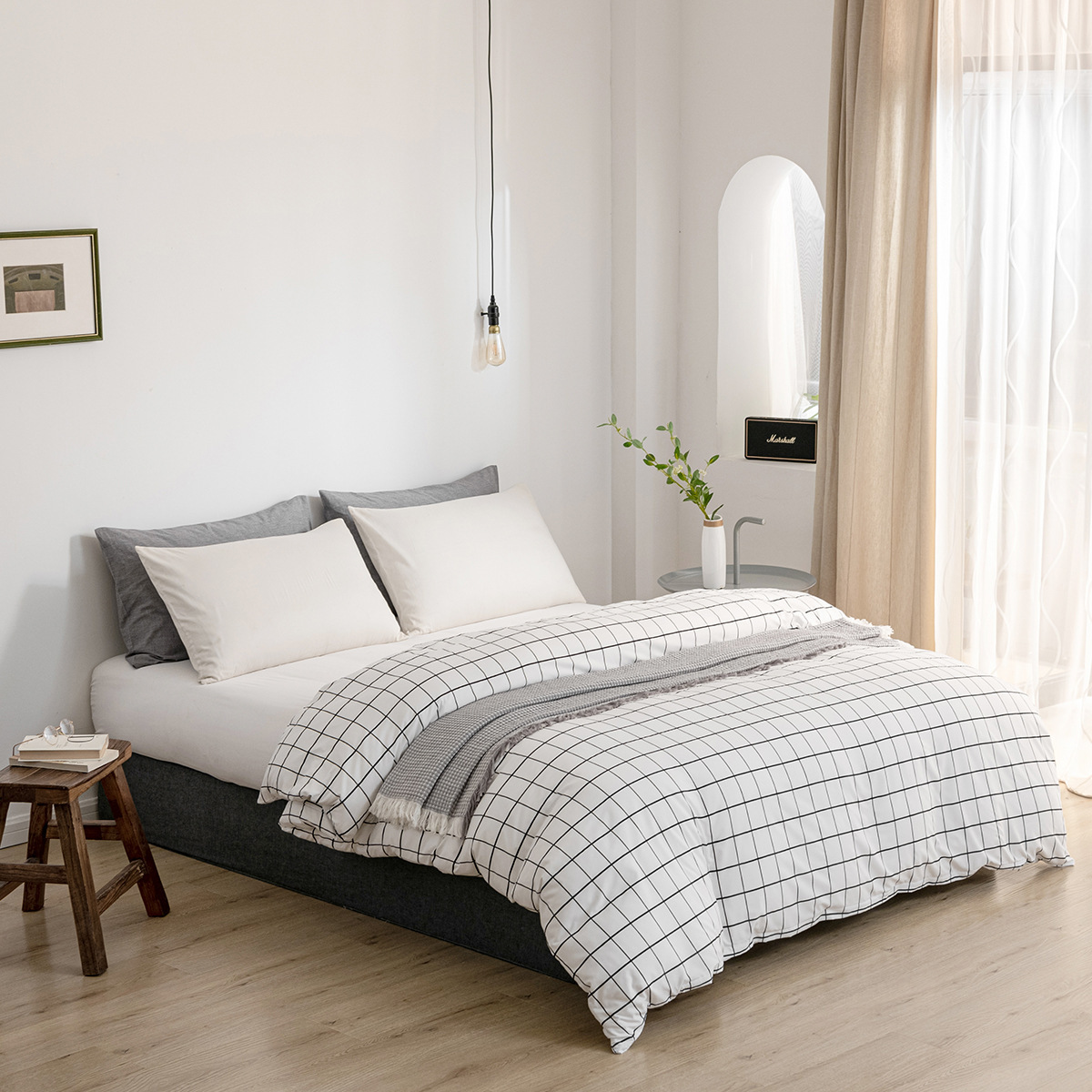 Home textile minimalist Nordic style bedding dormitory single piece sheet matte printed black and white checkered duvet_voghion.com