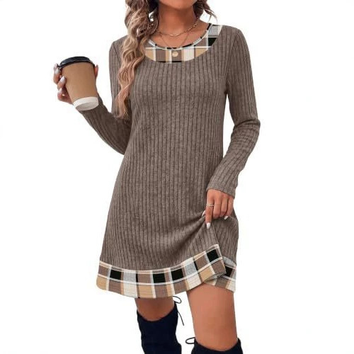 2026 Autumn/Winter Cross-Border European and American Style Knitted Long-Sleeve Sweater Dress, Elegant and Casual Plaid Patchwork Dress