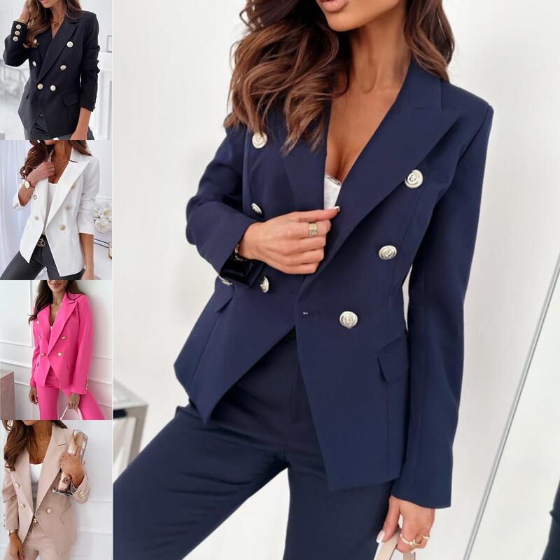In-Stock Independent Platform Aliexpress Autumn and Winter Cross-Border Foreign Trade Women's New Long-Sleeve Solid Color Double-Breasted Blazer