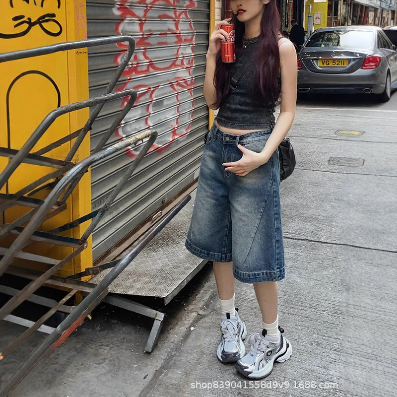 Vintage Design Sense A- shaped Wide-leg Denim Pants Women's Summer Low Waist High Straight Loose Slimming Short Pants