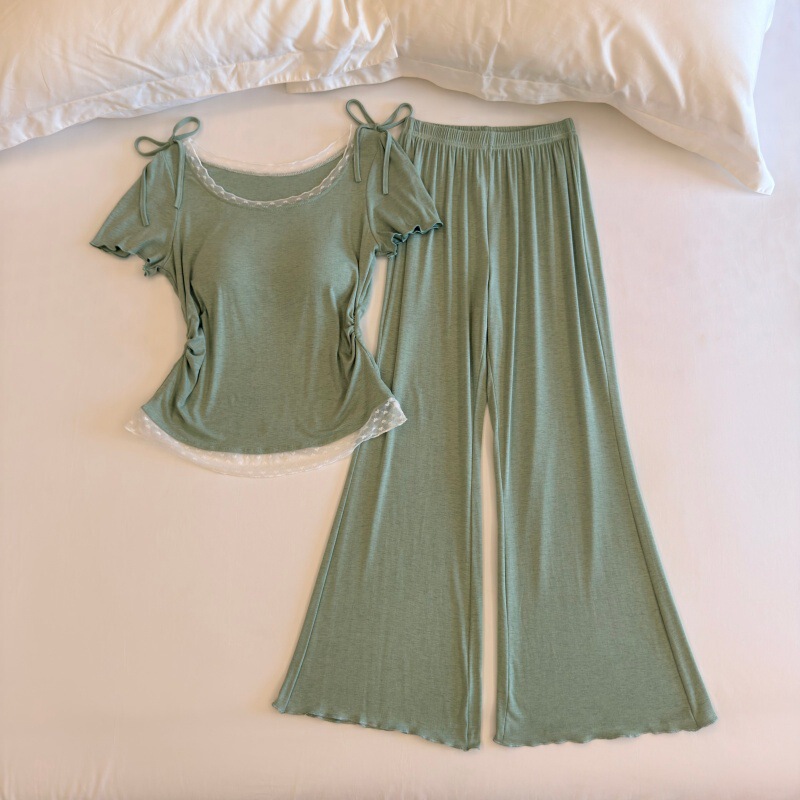 Cross-Border Foreign Trade Summer Colored Cotton Modal Pajamas for Women, Pure Desire Style Short-Sleeve Flared Long Pants Three-Piece Home Wear Set Cross-Border Foreign Trade Summer Colored Cotton Modal Pajamas for Women, Pure Desire Style Short-Sleeve Flared Long Pants Three-Piece Home Wear Set
