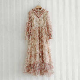 2021秋季新款宴会礼服裙子重工木耳金线刺绣珍珠立领长袖连衣裙