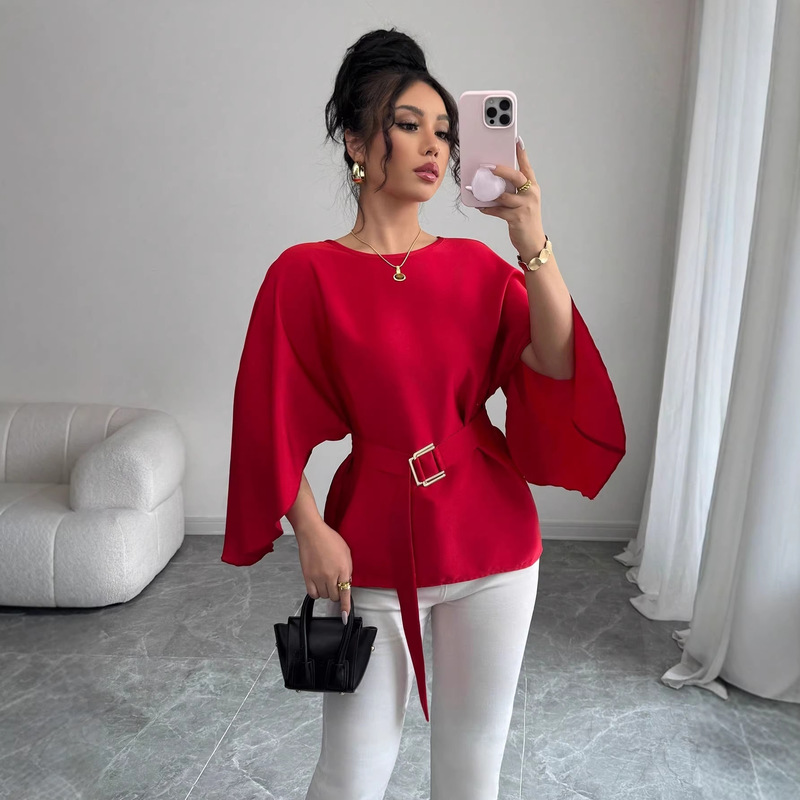 Amazon European and American Cross-Border Women's Clothing Flared Sleeve Waist-Cinching Top Round Neck Tie Slimming Shirt Amazon European and American Cross-Border Women's Clothing Flared Sleeve Waist-Cinching Top Round Neck Tie Slimming Shirt