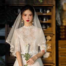 头纱新款高端婚纱气质 法式蕾丝头纱求婚新娘主婚纱简约短款头饰