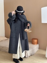 围脖款宽松显瘦狐狸毛袖口双面羊毛大衣韩版围巾加厚气款毛呢外套