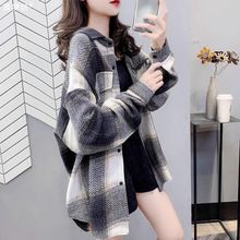 加厚磨毛格子衬衫外套女中长款宽松女装秋冬小众上衣衬衣璃梦纺