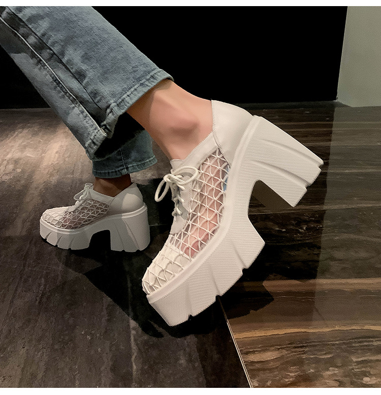 Giày cao gót nữ mũi nhọn gót xuồng platform 10 cm, đế dày ren hở mũi — màu be, màu đen chi tiết 15