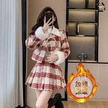小香风时尚套装加棉红色格子女冬装2025高级感小个子百褶裙两件套