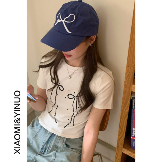 [Oufan] Bow Print Beaded Short-sleeved T-shirt Women's 2024 Summer New Small Slim Shirt 9800