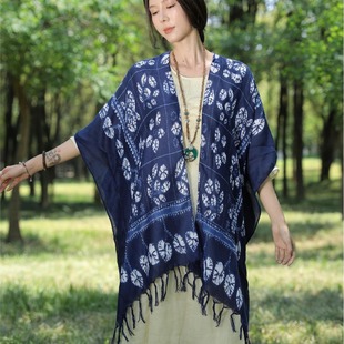 Ethnic Style Tie-dye Shawl Tassel Cloak Blue Shawl Yunnan Travel Dali Lijiang Sun Protection Cotton and Linen Shawl