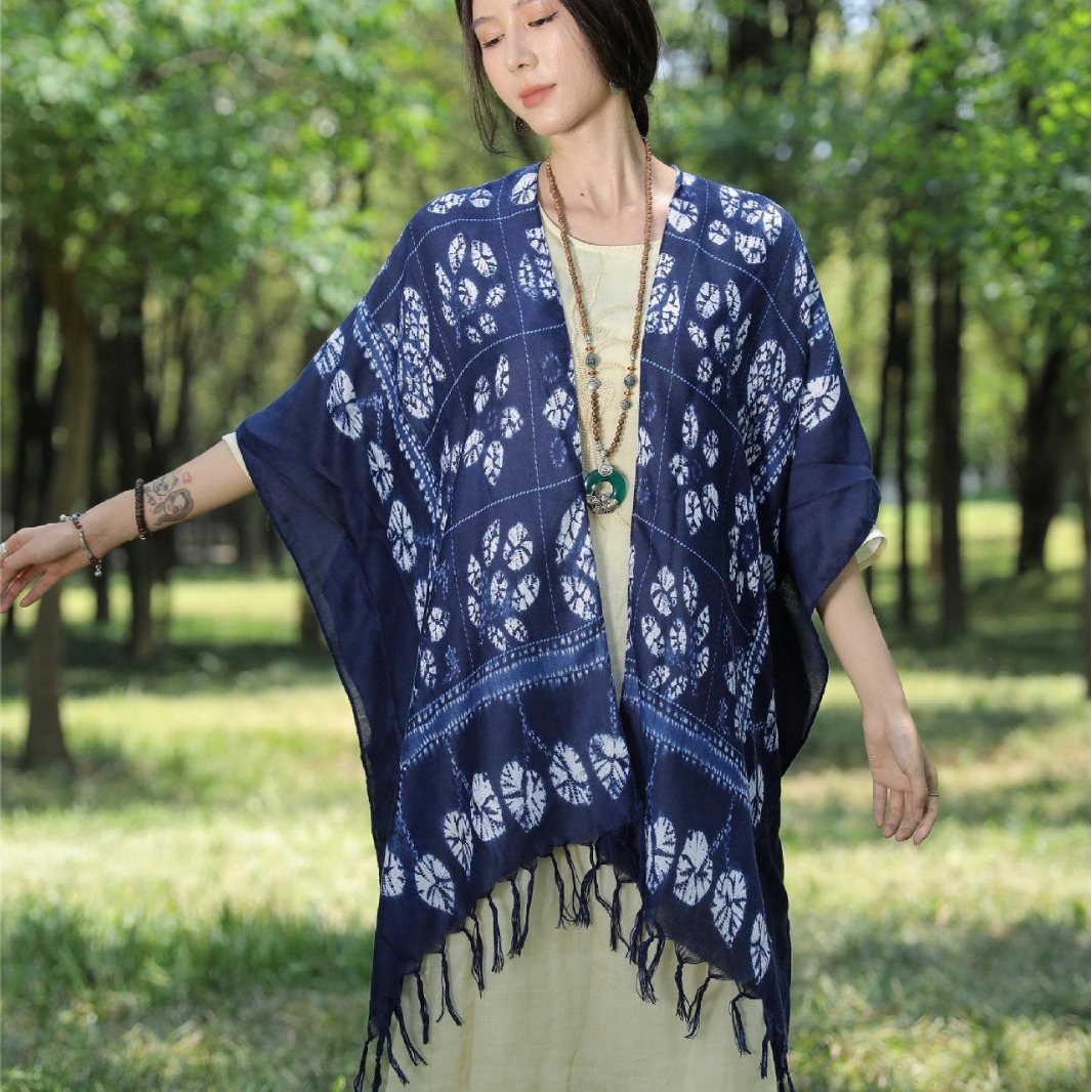 Ethnic Style Tie-dye Shawl Tassel Cloak Blue Shawl Yunnan Travel Dali Lijiang Sun Protection Cotton and Linen Shawl