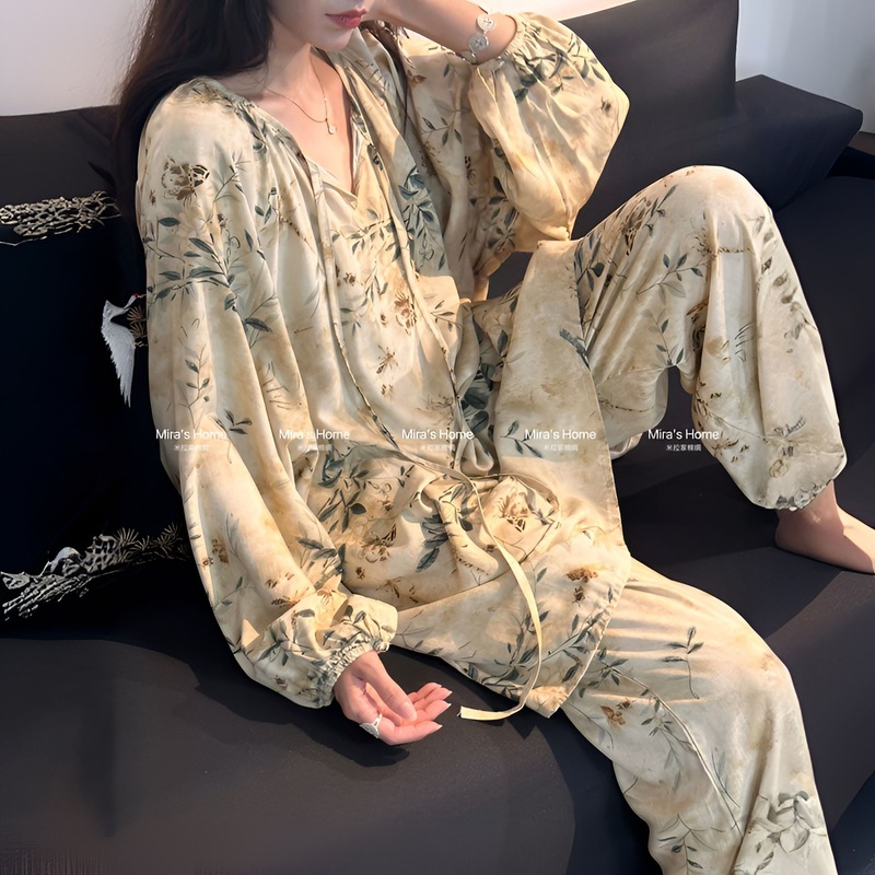 棉绸睡衣家居服慵懒国风睡衣女夏季圆领空调服百搭|undefined