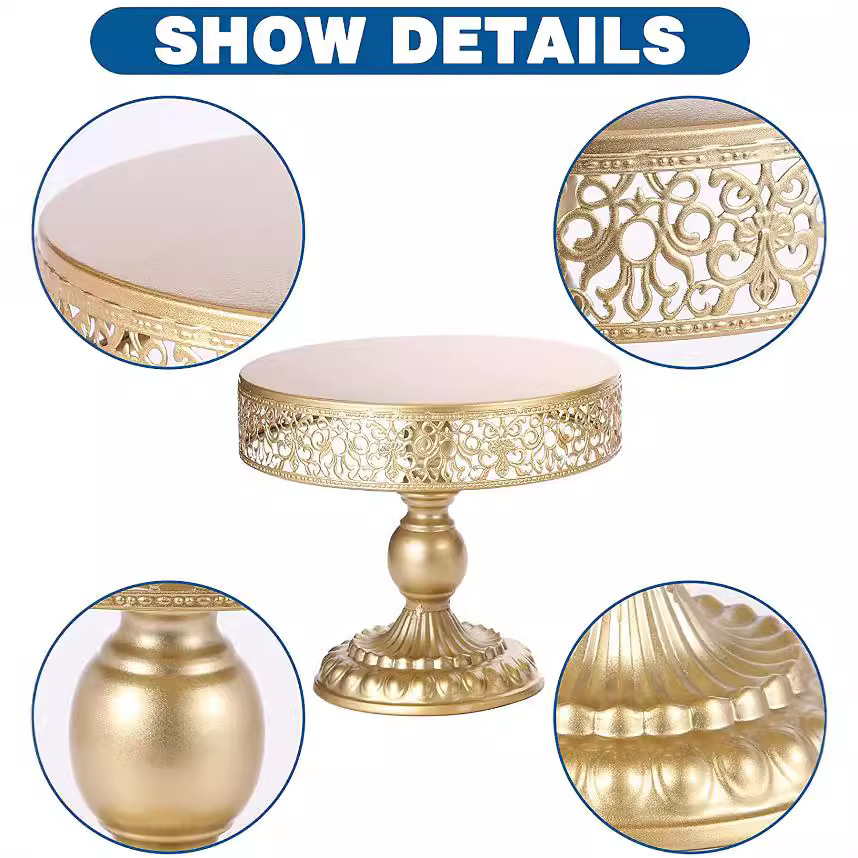 Estante de pastel de oro transfronterizo props de boda de lujo ligero paneles de pastel de hierro forjado paneles de bocadillos europeos mesa de postres bandeja de pies altos