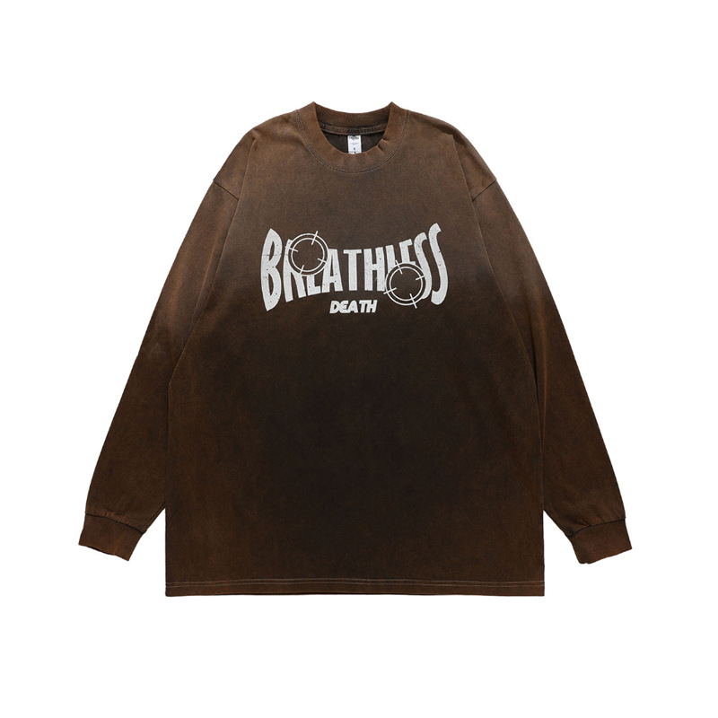 Herrenbekleidung Trendmarke High Street Retro Hängender Farbstoff Farbverlauf Waschen High Street Druck Lose Langarm T-Shirt Street Männer und Frauen_voghion.com