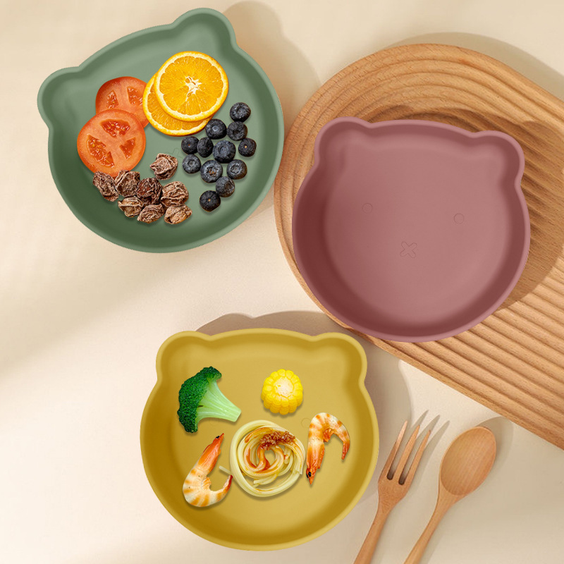 Cross-Border Hot-Selling Silicone Cartoon Bear Dinner Plate Baby Anti-Slip and Anti-Fall Feeding Plate Infant and Toddler Eating Food Supplement Tableware