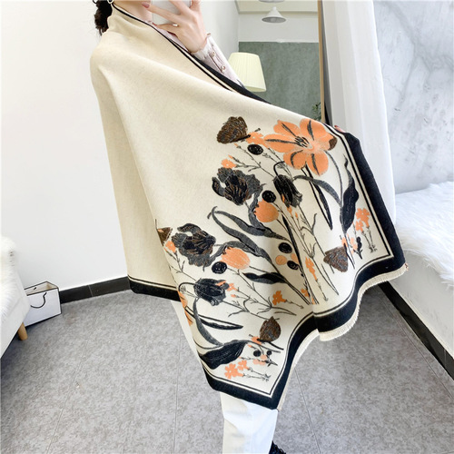 Ethnic style fashionable flower imitation cashmere scarf for women Forest double-sided long retro tassel warm shawl dual use