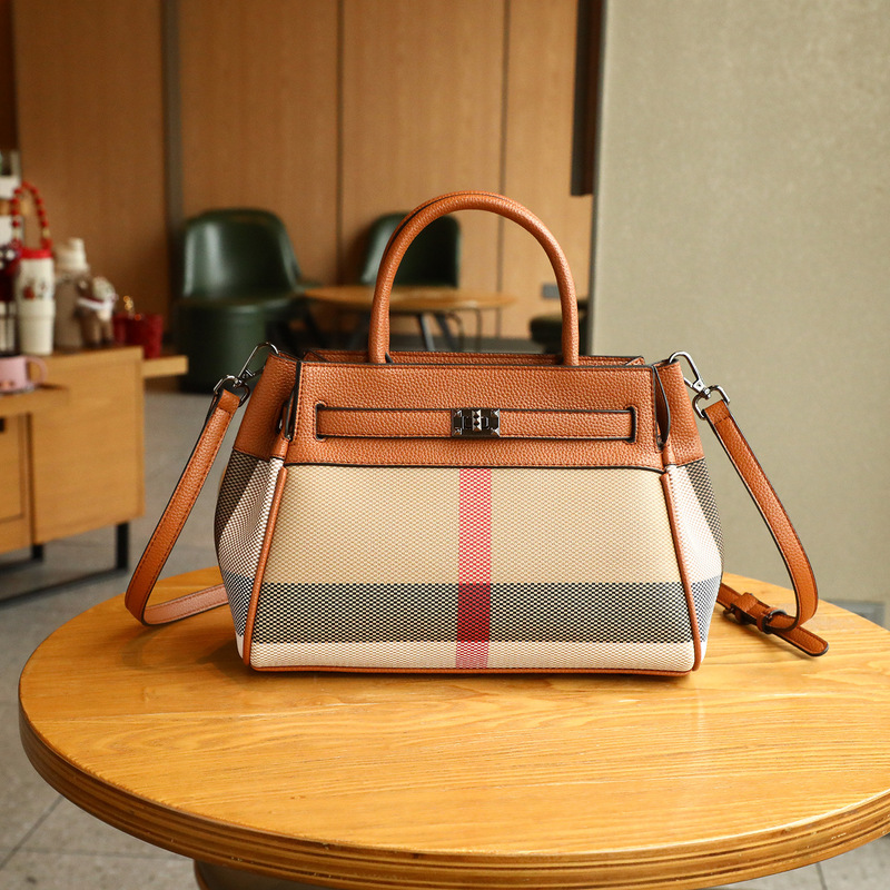 Kelly Bag Women's 2025 New Genuine Leather Plaid Crossbody Bag High-End Accessible Luxury Versatile Satchel Shoulder Bag for Women