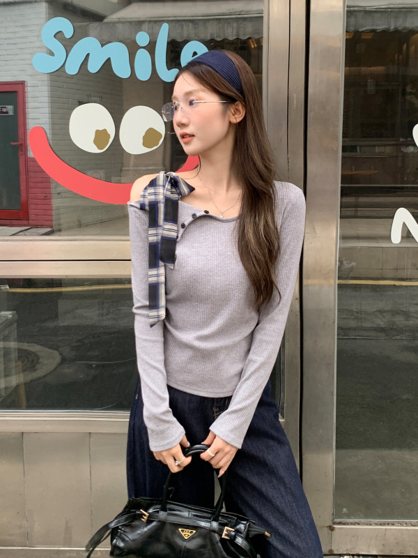 韩系斜肩露肩绑带长袖T恤女早秋穿搭褶皱显瘦不规则打底内搭上衣|undefined