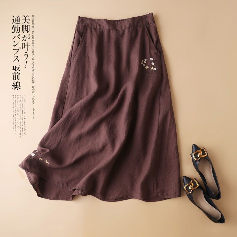Draped Cotton-Linen Embroidered Skirt, Thin Loose Fit, Semi-Elastic High-Waist, Large Hem Skirt, Artistic Casual A-Line Skirt