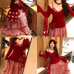 立体小花朵早春毛衣连衣裙两件套叠穿层次感穿搭套装纯色拼接印染