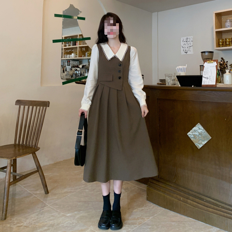 Vintage Stitching Fake Two-piece Long-sleeved dress Autumn and Winter Brown Elegant Long Skirt Vintage Stitching Fake Two-piece Long-sleeved dress Autumn and Winter Brown Elegant Long Skirt