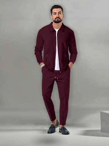 Men's casual sports suit autumn green zipper waffle pocket lapel slim coat casual pants