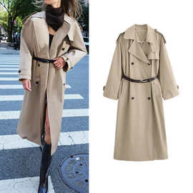 69044欧美跨境女装 2024秋季新款 宽松翻领长袖基本款风衣0518253