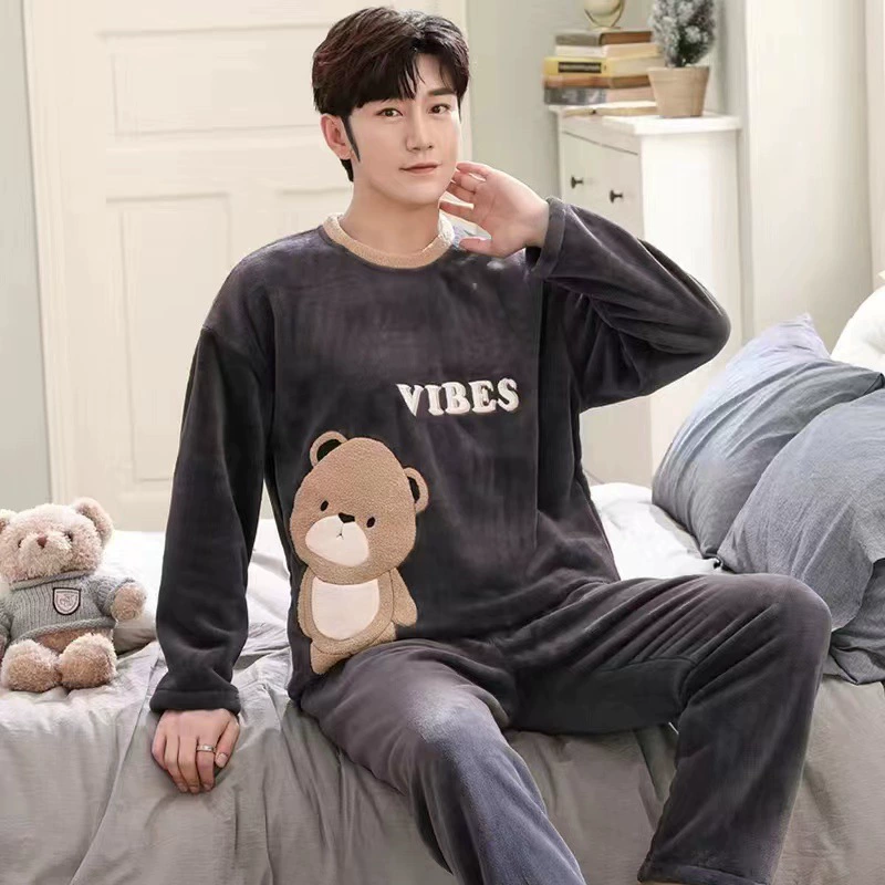 Коралловый бархатный пижама мужской осенний и зимний бархатный набор с круглым вырезом фланелевый мальчик подросток домашняя одежда