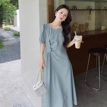 茶歇法式雾霾蓝连衣裙女夏2024新款设计感小众减龄漂亮洋气长裙子