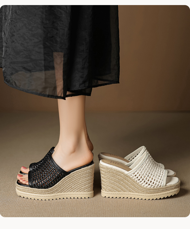Sandal cao gót nữ mũi vuông đế rơm gót 10 cm — màu đen, màu trắng chi tiết 13