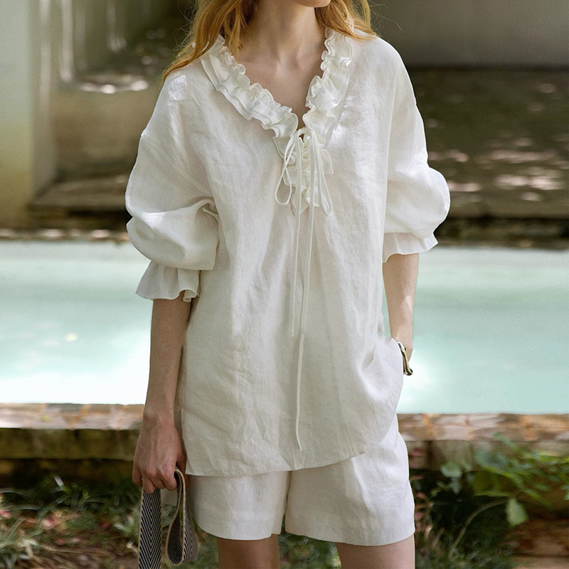 In-Stock Manufacturer Wholesale New Style Romantic/Relaxed Linen Handmade Ruffled V-Neck Tie-Up Shirt for Women In-Stock Manufacturer Wholesale New Style Romantic/Relaxed Linen Handmade Ruffled V-Neck Tie-Up Shirt for Women