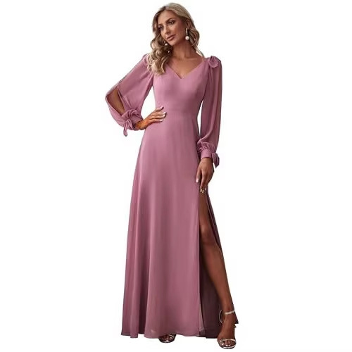 Cross-Border European and American Women's Autumn and Winter Formal Wedding Guest Dress Elegant Solid Color Long-Sleeve V-Neck Chiffon Bridesmaid Long Dress Cross-Border European and American Women's Autumn and Winter Formal Wedding Guest Dress Elegant Solid Color Long-Sleeve V-Neck Chiffon Bridesmaid Long Dress