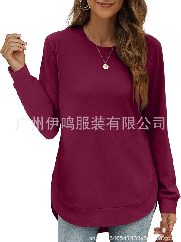 2025跨境欧美女装亚马逊秋冬新款圆领不规则下摆长袖宽松休闲女装|undefined