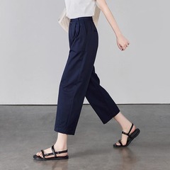 女性用ウォッシュドピュアコットンカジュアルパンツ、夏用、ゆったり、薄手、ハイウエスト、ワイドレッグ、着痩せ、万能ストレートワークパンツ