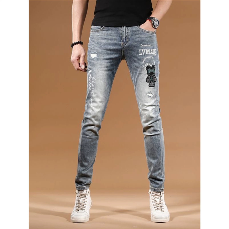 European Style Bear Embroidery Jeans for Men, New Autumn Trendy Brand Printed Stretch Slim-Fit Ripped Pants