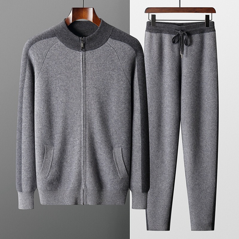 Cashmere suit 2024 New Thickened Casual Sports Men's Half-turtleneck Zipper Knitted Wool Cardigan Loose Pants