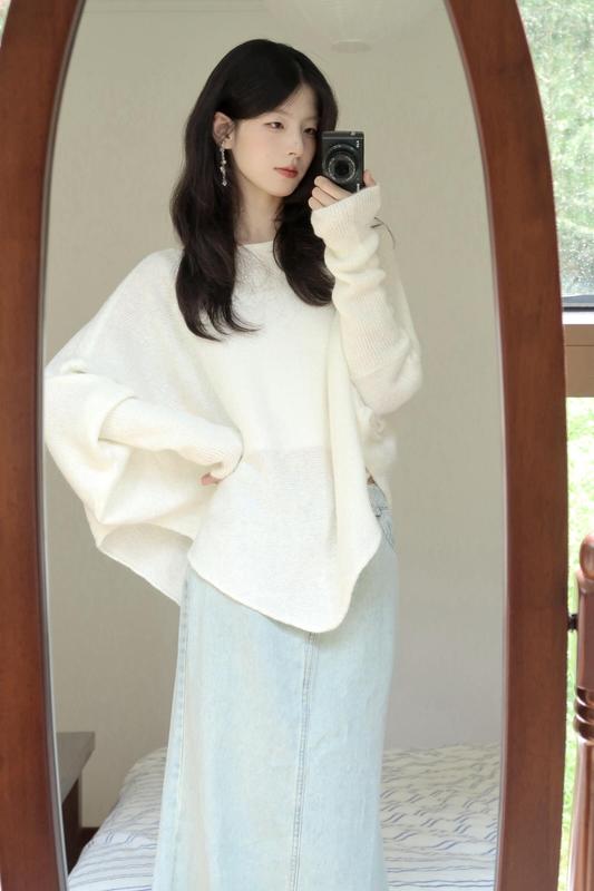 袖不规则白色针织衫女设计感蝙蝠秋季新款温柔松弛感宽松百搭上衣|undefined