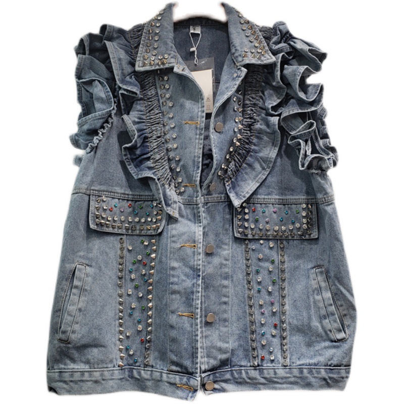 Estación Europea 2023 otoño nueva industria pesada con cuentas de diamantes sueltas Denim adelgazar Chaleco de todo fósforo marca de moda transfronteriza femenina image 5