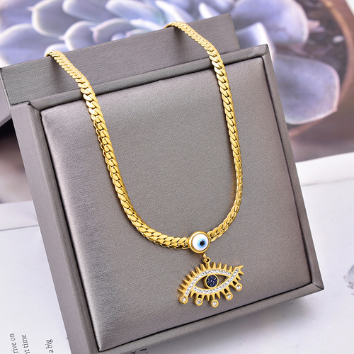 European and American exaggerated style full diamond eye pendant titanium steel flat clavicle chain blue devil's eye earrings necklace set