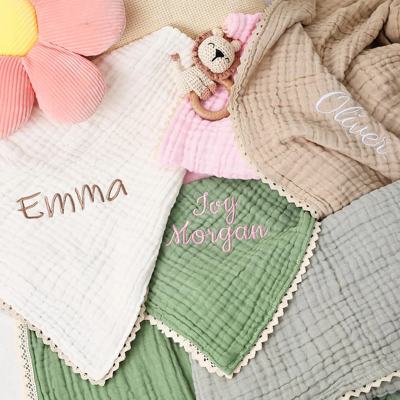 Ins Personalized Embroider Baby Six-Layer Gauze Cotton Lace Blanket Swaddle Wrap Baby Stroller Blanket Bath